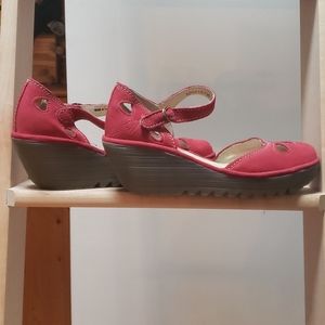Red suede Fly London strappy wedge shoe Yuna